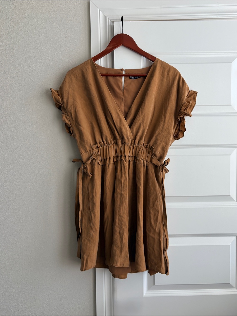 Zara Camel Brown Ruffle Sleeve Tie Waist Mini Dress M
